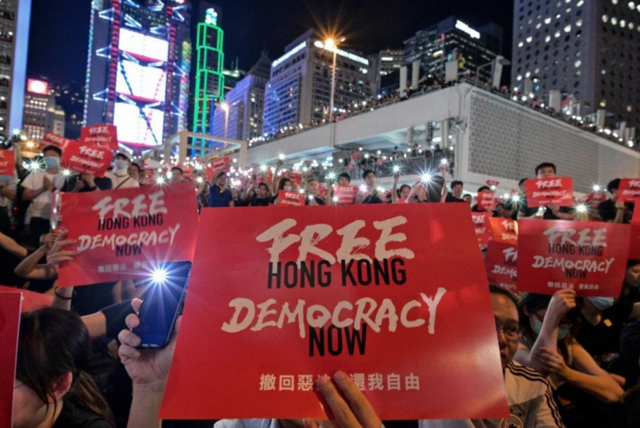 A protestor in Hong Kong holding up a “Free Hong Kong, Democracy Now” sign
