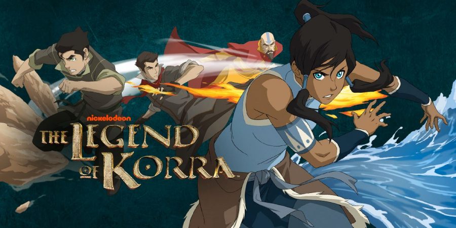 This is a show poster of Legends of Korra with Avatar Korra and her companions, Mako and Bolin, along with her airbending mentor, Tenzin.