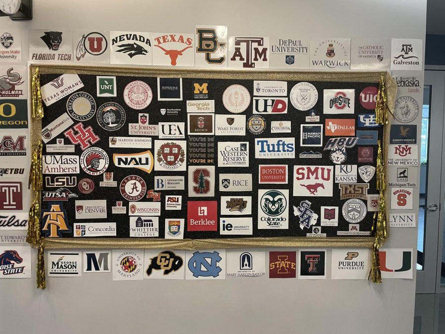 The college acceptance board that sits in the college counseling hallway boasts many early acceptances for the class of 2021.