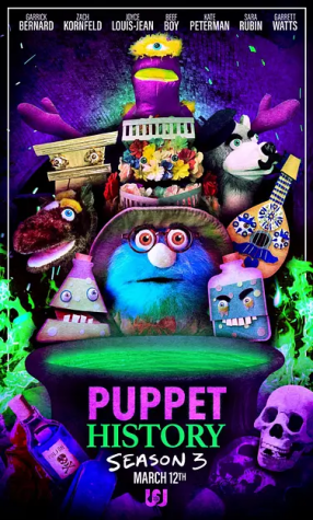An advertisement for season 3 of Puppet History