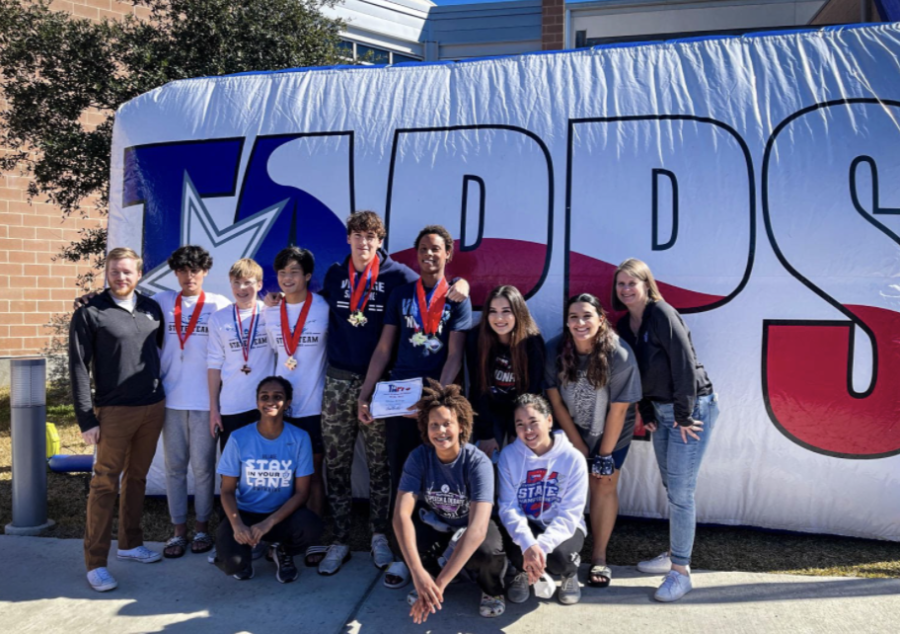 Pictured are the state swimmers posing for a group photo after concluding the meet. [Top left to right] Coach Blakely, Rohan Takkar, Charlie Payne, Thomas Chin, Daniel Itkins, Quinn Belmar, Vivian Leger, Shen Subawalla, and Coach Merrifield; [Bottom left to right] Ananya Rao, Jade Belmar, and Melissa Hamada.