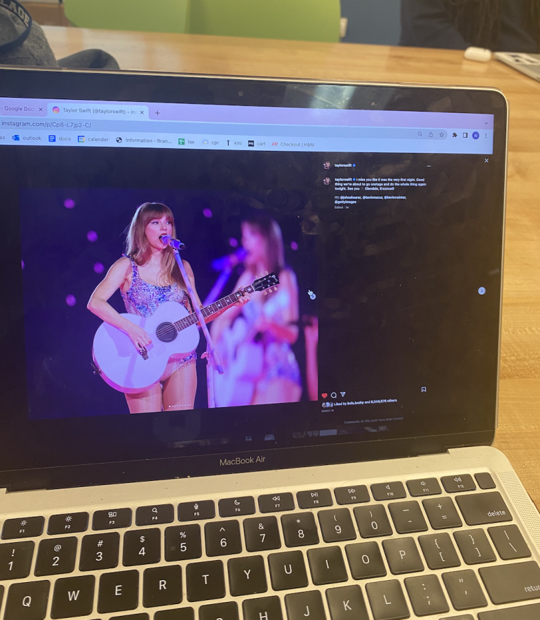 A picture of Taylor Swifts Instagram post about the first night of tour on a student’s computer