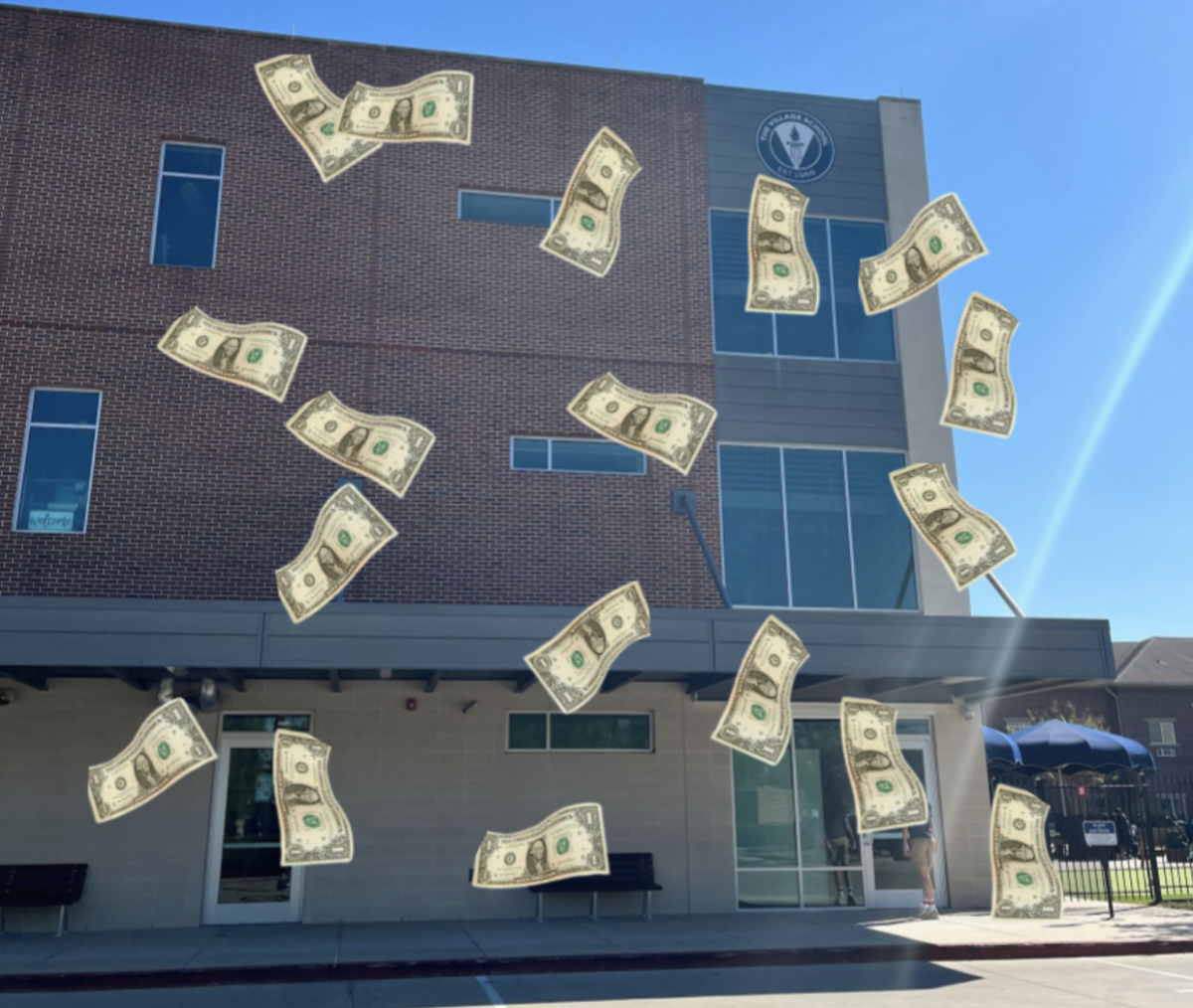 Photo of The Village High School main building edited to have dollar bills falling from the sky, created by George Masters.