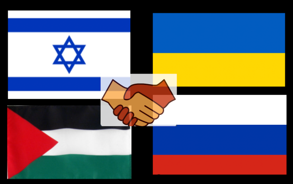Ukrainian, Palestinian, Russian and Israeli flag, art created by Nina Koshy. 