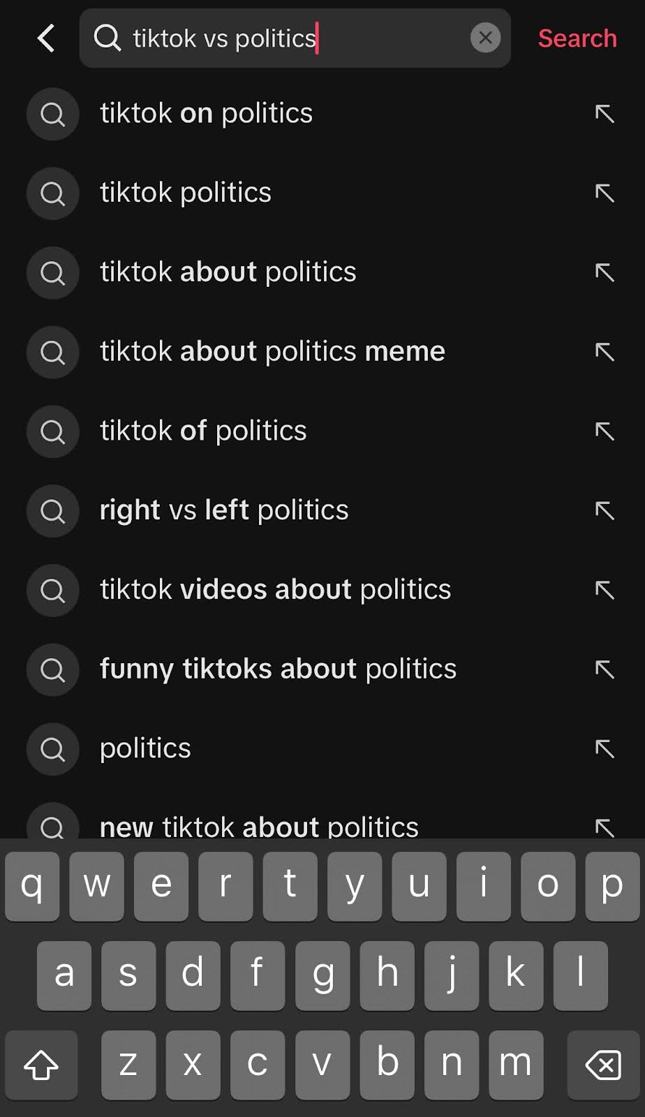 Screenshot of TikTok search bar suggestion based on keyword politics