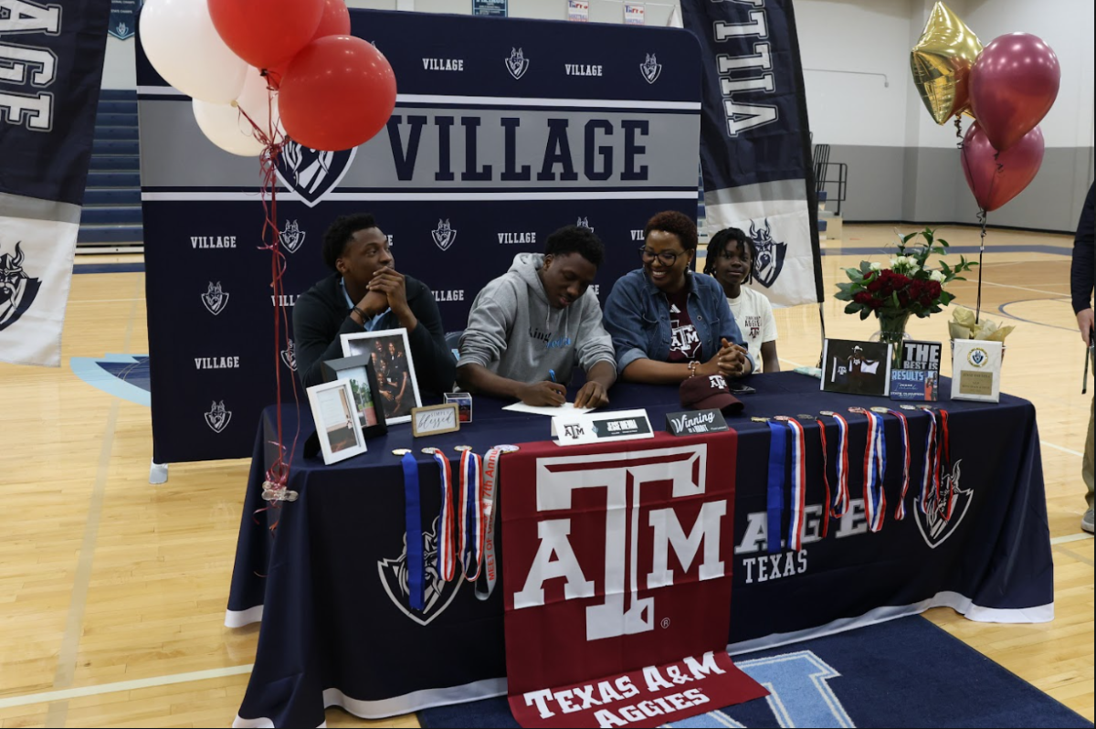 Photo by Aayan Nanawati of Jessie Imemba at a college signing to Texas A&M in The Village High School gym, 2/7/2024