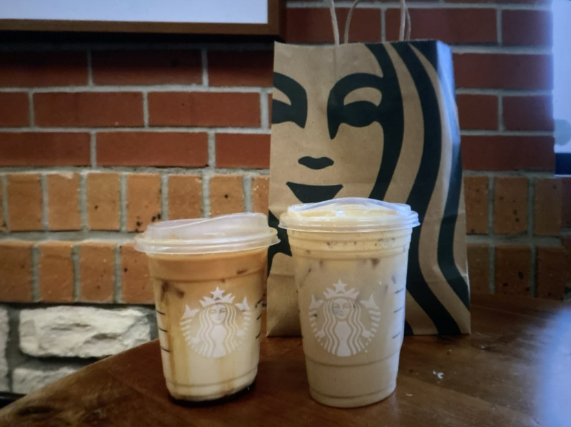 Pumpkin Cream Chai, Apple Crisp Oat Milk Macchiato and Starbucks bag