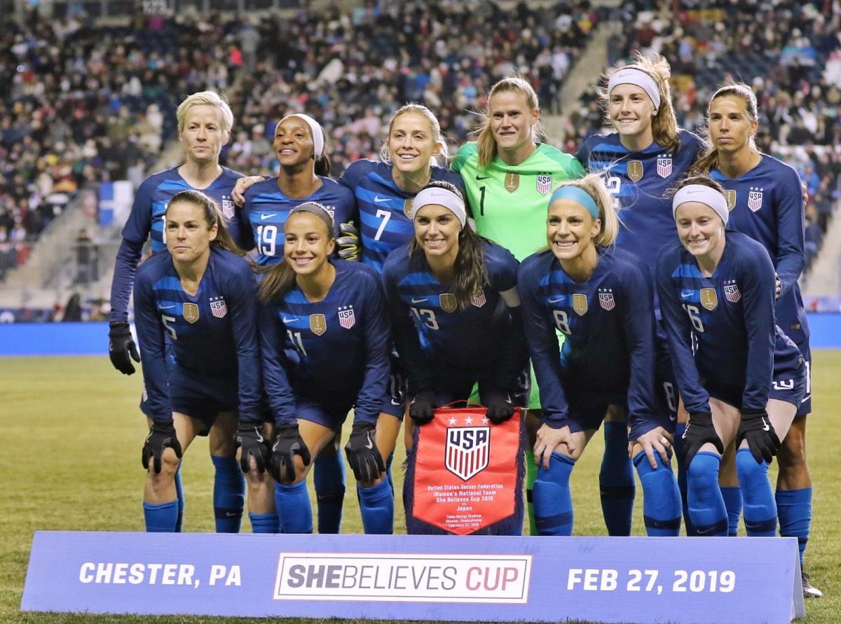 Photo of US Women’s National Team in the 2019 SheBelieves cup before their match against Japan.  This image was originally posted to Flickr by Jamie Smed at https://flickr.com/photos/49182023@N05/46432967765