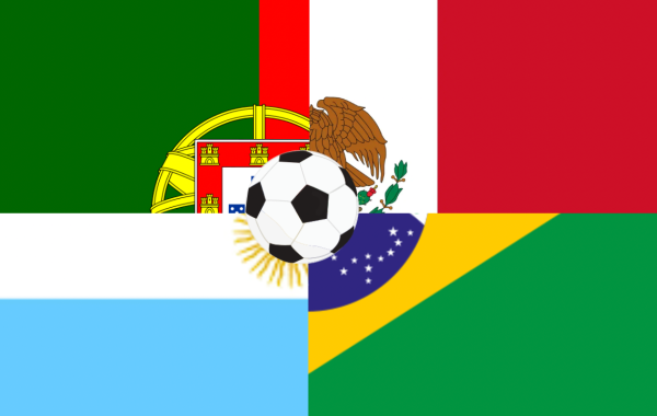 Portuguese, Mexican, Argentinian, and Brazilian flags united by a soccer ball