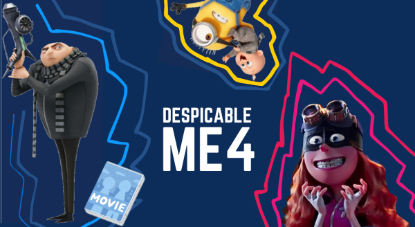 Characters, Gru(left), Minion and Felonius Gru Jr.(Middle), and Poppy Prescott(Right), from Illuminations’s new film, Despicable Me 4