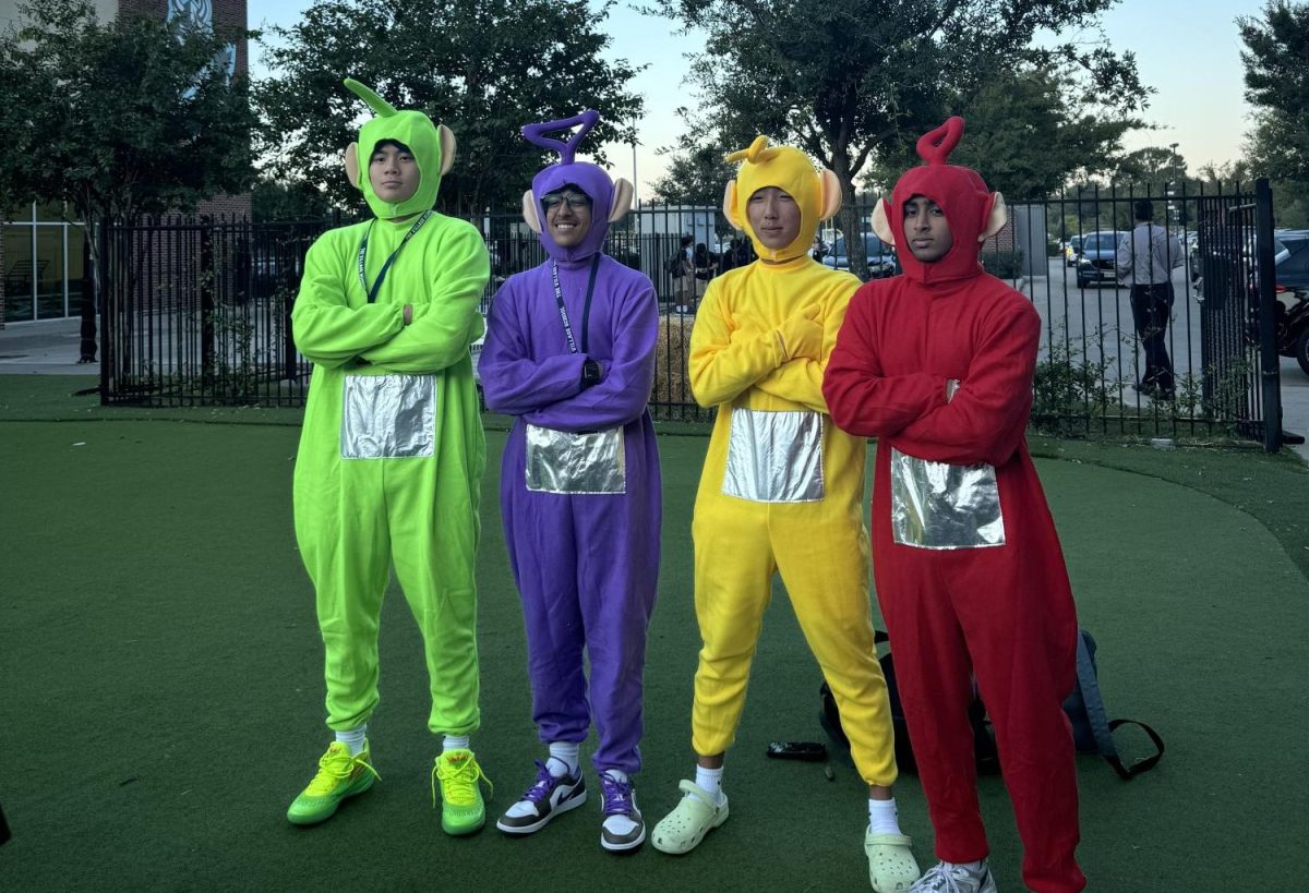 Seniors Gene Hur, Aayan Nanawati, Alex You, Veer Gang dressed up as Teletubbies.