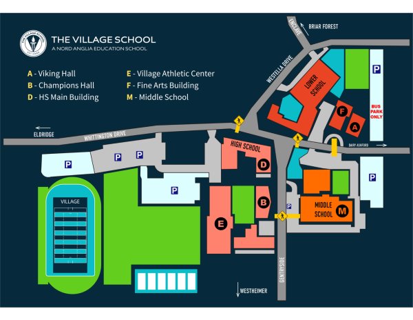 Map of the The Village School with the different buildings, created by Jennifer Thomas on the Student Newsletter.