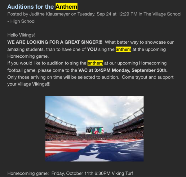 Screenshot of an email sent out by Athletic Director Judithe Klausmeyer announcing the auditions for singing the anthem.