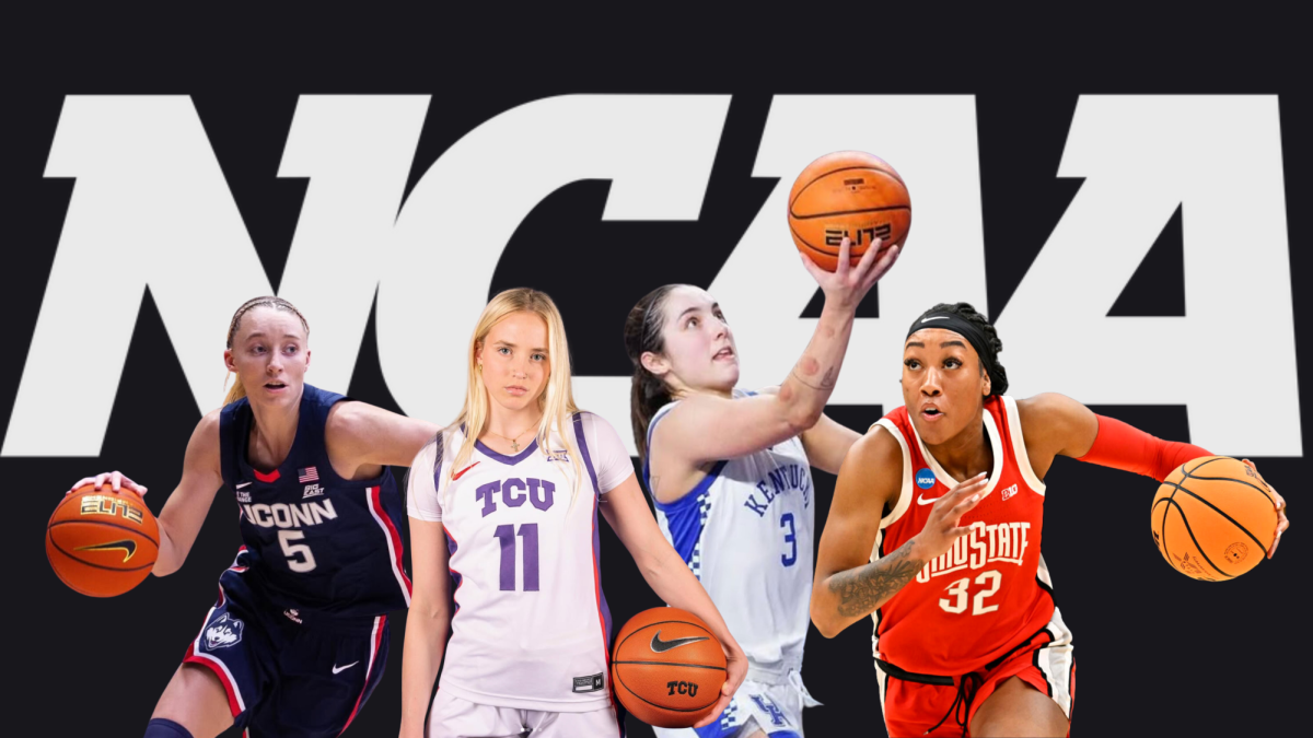 Graphic depicting, from left to right, Paige Bueckers, Hailey Van Lith, Georgia Amoore, and Cotie McMahon.