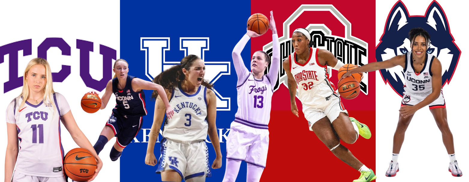 Graphic depicting women's basketball players Hailey Van Lith, Paige Bueckers, Georgia Amoore, Sedona Prince, Cotie McMahon, and Azzi Fudd.