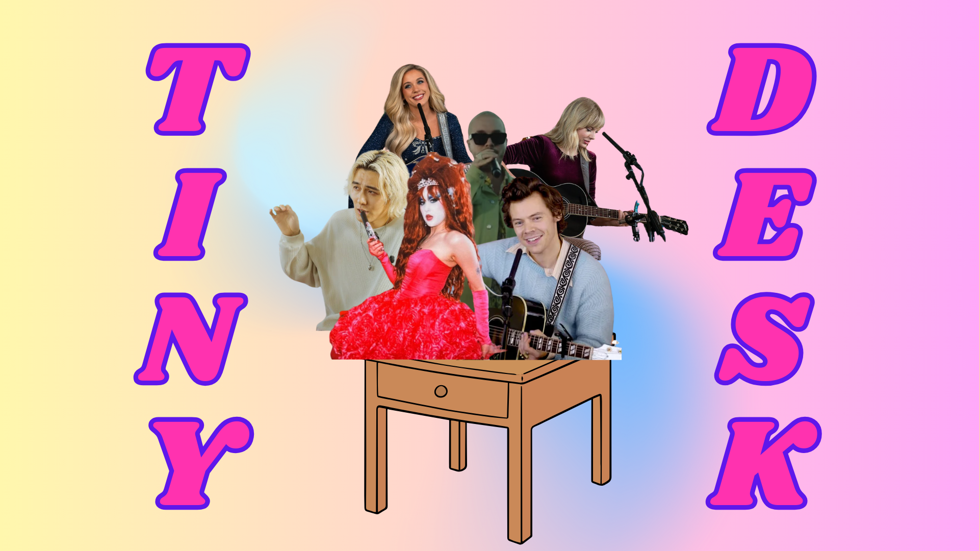 Graphic of Fujii Haze, Megan Moroney, Chappell Roan, Harry Styles, J Balvin and Taylor Swift on a tiny desk.