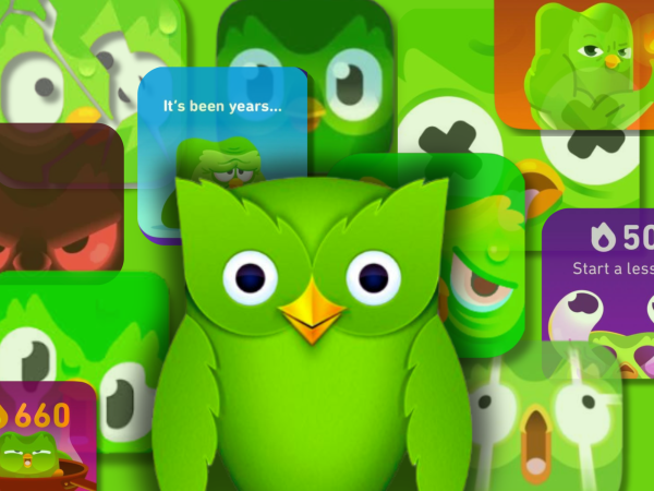 A collage of various Duolingo app icons, widgets, and their old mascot.
