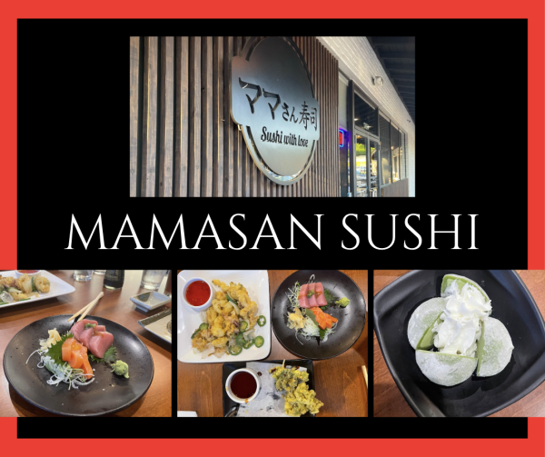 Collage of the front entrance of Mamasan Sushi along with various food items.