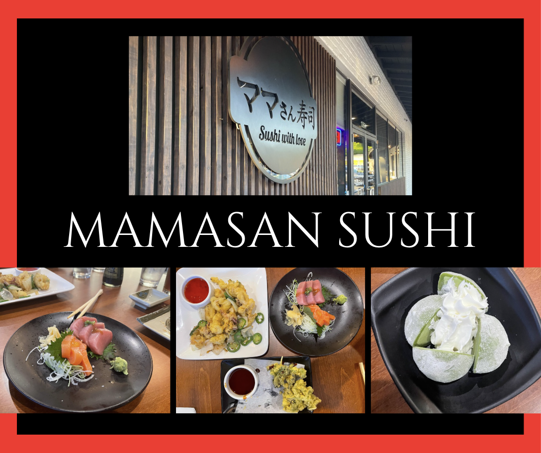 Collage of the front entrance of Mamasan Sushi along with various food items.