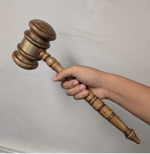 Image of a hand holding a gavel, a wooden hammer typically used in a courtroom.