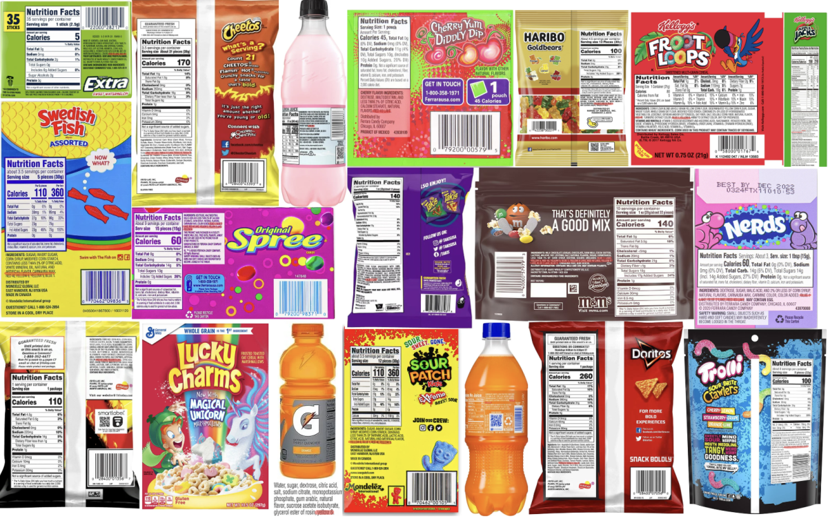 Collage of various food products with artificial food dyes highlighted in the ingredients list. Graphic made by Raphaëlle Bellerose.