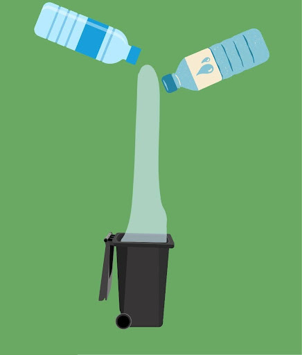 Graphic showing plastic bottles pouring water into a trashcan