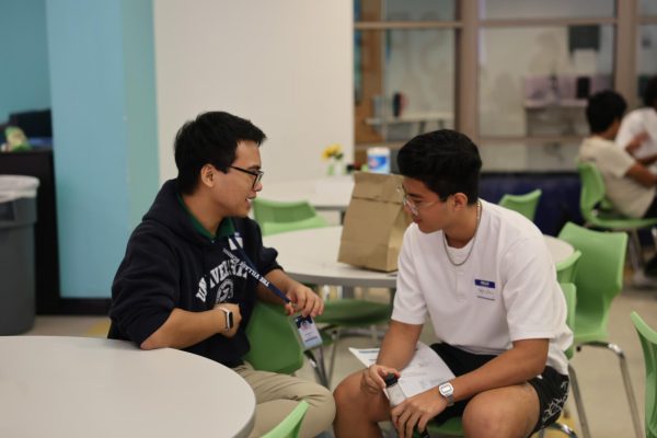 Left to Right: Mai Minh Tri Le(12), representing the Bioengineering club, dsicussed with Hejia Zhao(12), about Zhao's response to Village Alumni and workshop presenter Tommy Wan(Class of 2022), question about his basketball career. " I discussed with Hejia about how his basketball career helped him as a person." Tri-Le replied when asked about their conversation at the 1st Annual Student Leadership Conference on August 30, 2025.