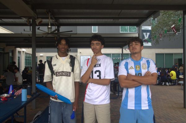 Sophomores Draylen Henry, Kyle Tavakoli, and Youssef Amin showed their school spirit on Jersey Day during Spirit Week, September 18, 2025.


